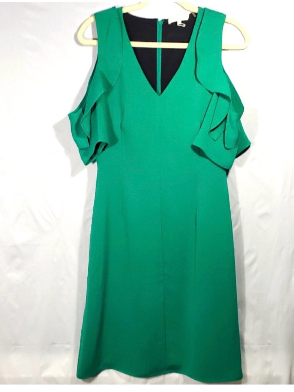 Mika Mindel green open cold ruffled shoulder sheath dress. Size 6